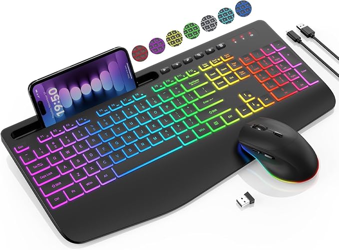 Wireless Keyboard and Mouse Combo - 9 Backlit Effects, RGB, Ergonomic Wrist Rest, Phone Holder, 2.4G Full Size, Rechargeable, Sleep Mode, Quiet Keyboard Set for Computer, PC, Laptop, Mac, Windows