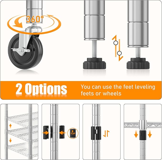 Himimi 5-Tier Heavy Duty Steel Wire Rack Storage Shelving, Adjustable Metal Storage Shelves with Wheels, 82''H Wire Shelf for Kitchen Garage Basement Pantry Organization, 18" D×36" W×82" H-Silver