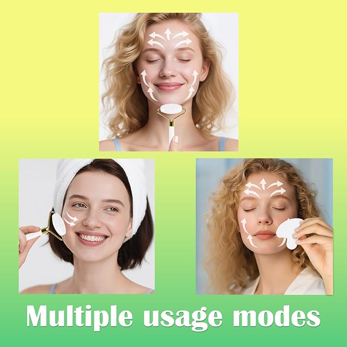 Jade Roller Gua Sha Tools – Nature Gua Sha Facial Tool Skin Tightening Face Massager Anti-Aging Jade Face Roller Puffiness Reducing Guasha Stone for Women Men (White)