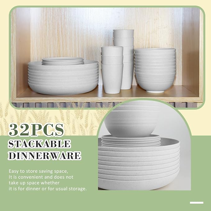32-piece Kitchen Alternative Plastic Wheat Straw Dinnerware Sets,Unbreakbale Dishwasher Safe Kitchen Bowls and Plates Sets with Cups,Modern Apartment Essential Dishes Set for 8.White Series