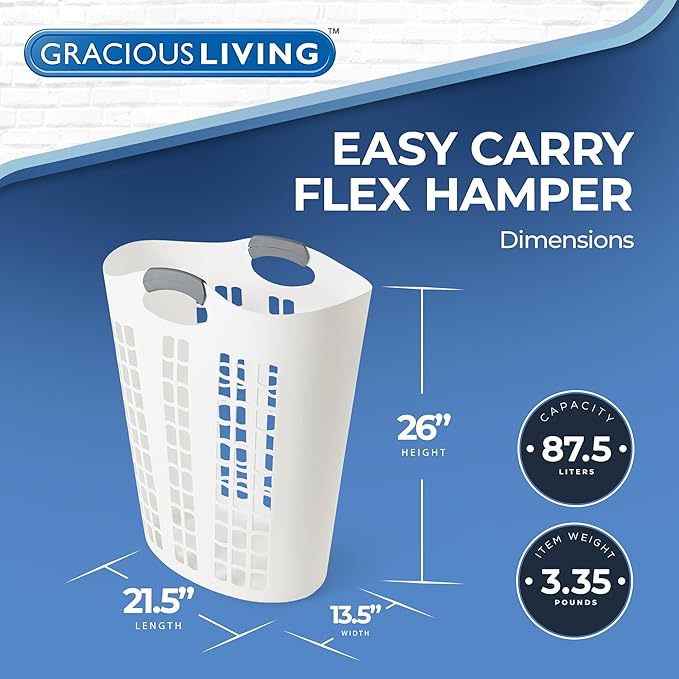Gracious Living Laundry Basket, Easy Carry Flex Collapsible Hamper, 87.5 Liters, White - Large Plastic Clothes Storage Organizer for Home, Bathroom, and Bedroom