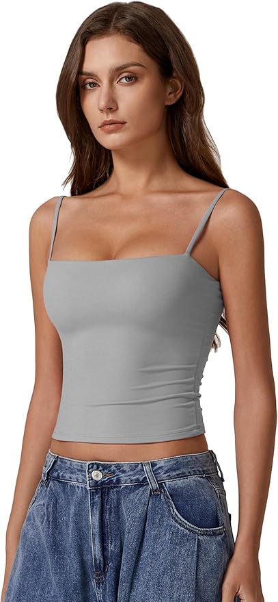 QINSEN Women's Double Lined Basic Tank Top Adjustable Spaghetti Straps Sleeveless Camisole Shirts