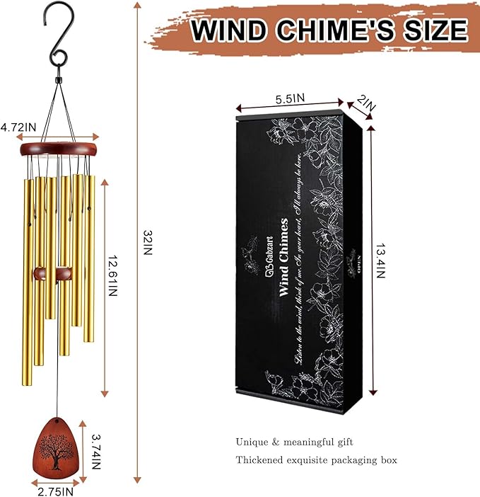 Wind Chimes for Outside, 32" Memorial Wind Chimes for Loss of Loved One Mother Father, Memorial Sympathy Gift Outdoor Garden Patio Decor, Bereavement Gift for Loss of Mom Dad (Classic Gold)