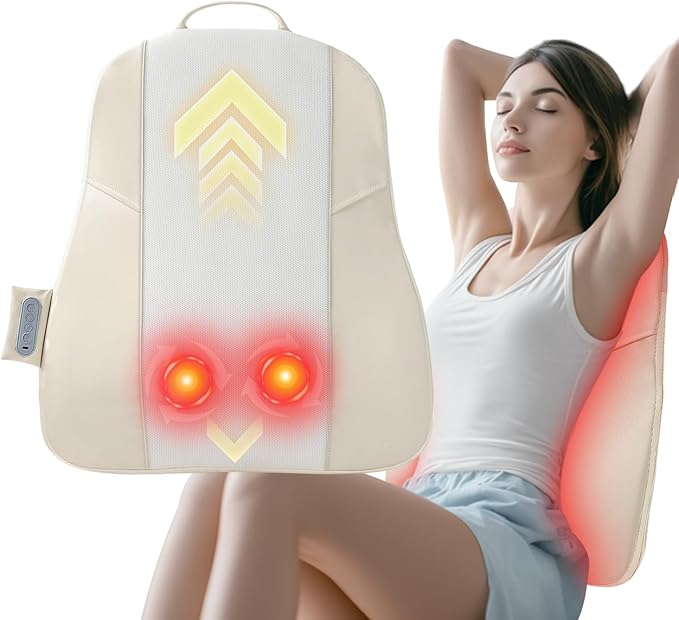 Back Massager for Pain Relief Deep Tissue, Ultrathin Rolling Up and Down Full Back Massage with Heat, 4D Shiatsu Kneading, Shoulder Massager, Extended Widened Design for Home, Office, Car Use, Beige