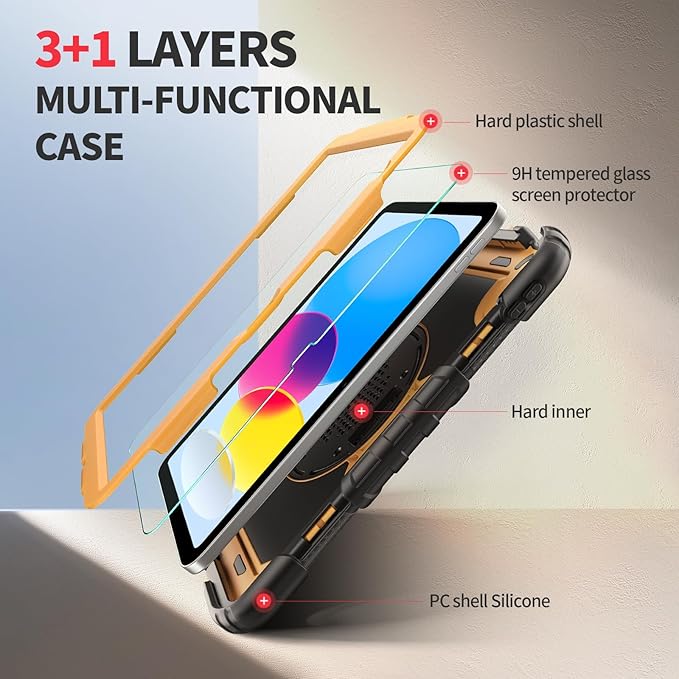 Ambison Case for iPad A16 11th/10th Generation 11"/10.9'' 2025/2022,Heavy Duty Shockproof Case with Tempered Glass Screen Protector, 360° Rotating Handle Strap&Stand,Shoulder Strap-Yellow