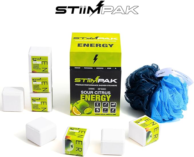 Shower Steamers | Energy | XL 80g Long Lasting | Caffeine, B12, Ginseng, & Menthol | Gift for Men & Women | Extra Strength Aromatherapy for Focus & Productivity | Sour Citrus | STiiMPAK (8 Pack)