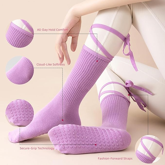 Non-Slip Pilates Yoga Socks with Grips for Women - Stylish Crew Socks for Barre, Ballet, and Workout (Size 5-9)