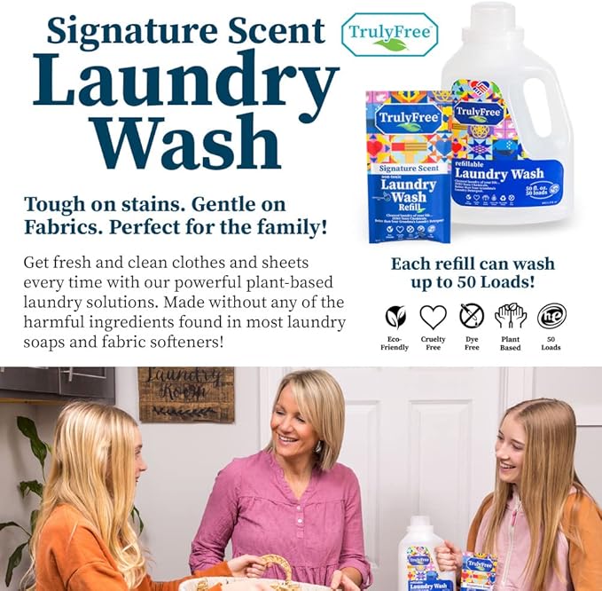 Natural Laundry Detergent for Sensitive Skin | Eco Friendly, Plant Based, Baby Clothes Safe | Clean & Easy Powder to Liquid, 3 Pack Detergent + 1 Refillable Jug | Signature Scent 150 Loads