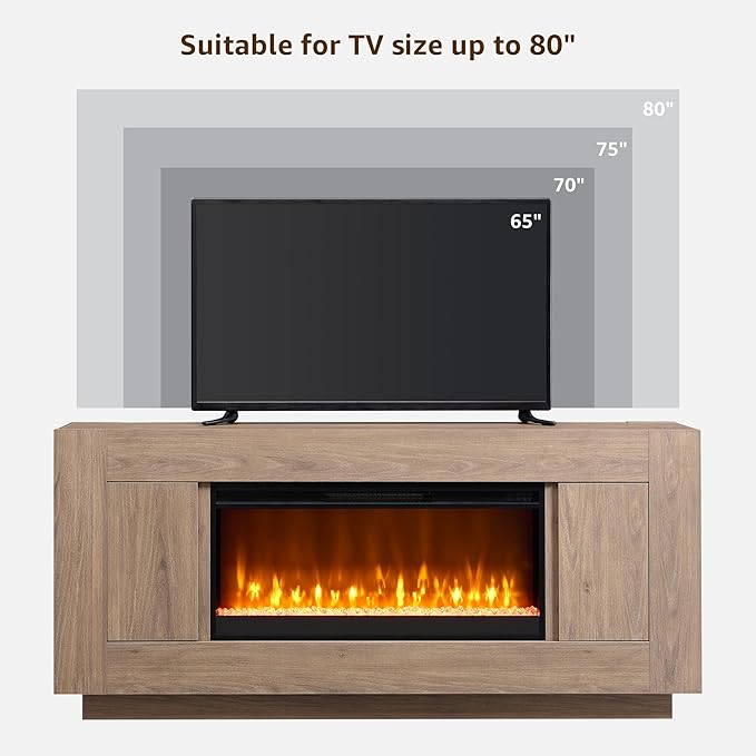OKD Modern 70" Fireplace TV Stand with 36" Electric Fireplace, Entertainment Center for TVs Up to 80", Media Console with Side Cabinets, Thick Wood Design for Living Room, Alder Grey