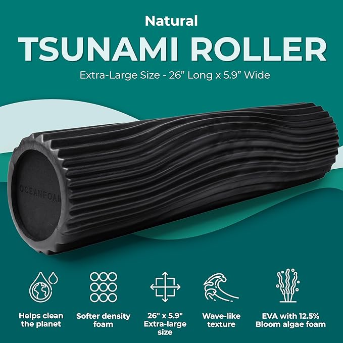 Oceanfoam Tsunami Roller (Black & Charcoal Marbled) - Soft, Textured Foam Roller for Physical Therapy, Back Pain, Exercise & Stretching - Wave Textured - Yoga, Wellness - Extra-Large 26" x 5.9"