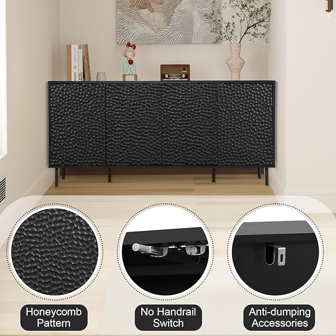 ANJ Black TV Stand for 75 inch TV, Mid-Century Modern TV Console Stand with Storage Cabinet, Entertainment Center with Adjustable Shelf Design,Textured Honeycomb Pattern