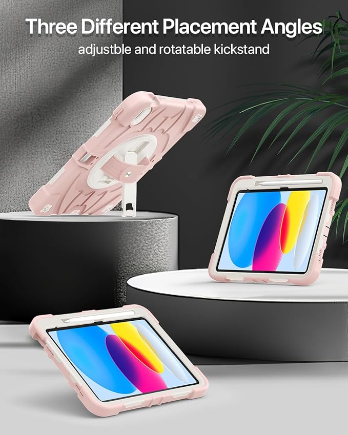 for iPad(A16) 11 inch 2025 case/10.9 inch iPad 10th Generation Case, Heavty Duty Shockproof Full Protective Case with Screen Protector and Rotatable Hand Strap, Shoulder Strap (Light Pink)