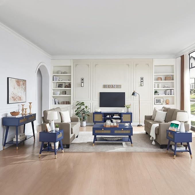 Luxury Blue TV Stand for 70 Inches TVs, Modern Fluted Entertainment Center with Storage Cabinet and Shelves, TV & Media Console with Gold Metal Mesh Doors for Living Room 66"