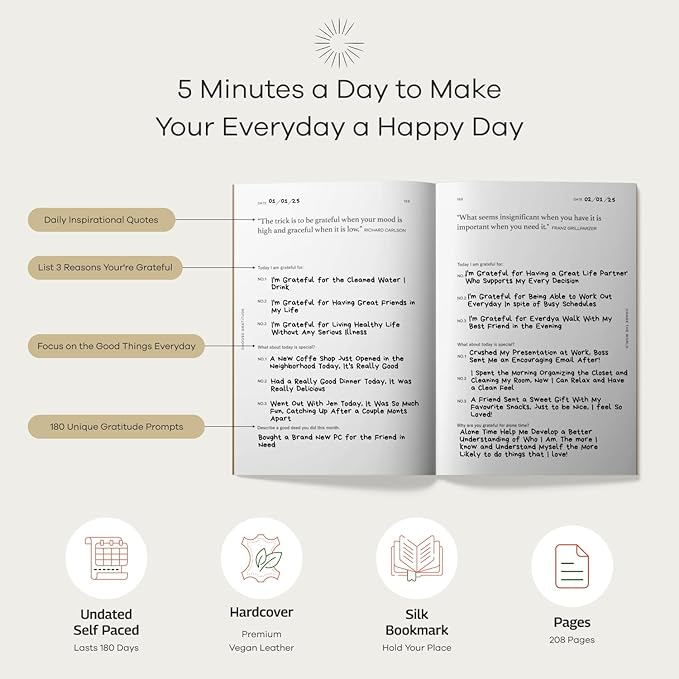 Gratitude Gifted 5-Minute Guided Gratitude Journal – Daily 180 Prompts, Self-Care & Mindfulness, Leather Hardcover, Undated to Foster Happiness, Wellness, Positivity for Men & Women
