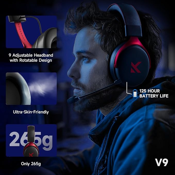 MCHOSE V9 Wireless Gaming Headset 7.1 Surround Sound for PS5 PS4 PC SWITCH TOPSPEED Gaming Headphones with Noise Canceling Mic, 125Hr Battery, Low 15ms Latency, Lightweight, BT 5.3 FPS Games Black&Red