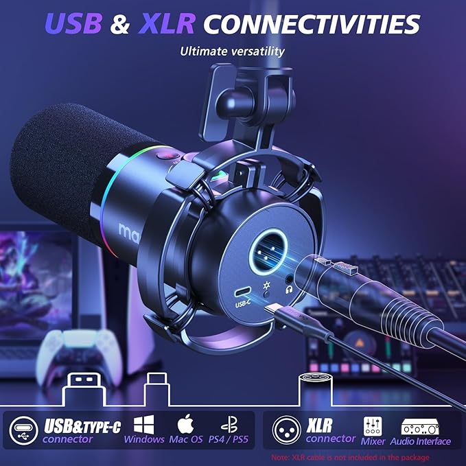 MAONO XLR/USB Dynamic Microphone Kit, RGB Podcast Mic with Software, Mute, Gain Knob, Volume Control, Boom Arm for Streaming, Gaming, Voice-Over, Recording-PD200XS Black