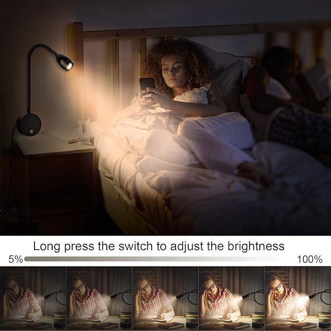 Wall Mounted LED Reading Light with 15" Flexible Gooseneck, Focused Adjustable Book Light for Reading In Bed with 3000K Warm Light, Plug In Dimmable Bedside Headboard Night Lamp, Touch Control-2 Pack