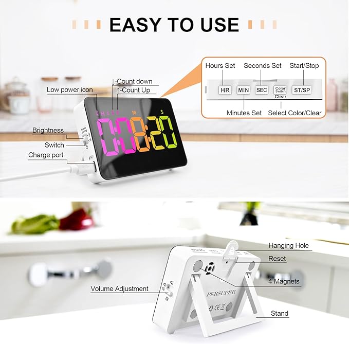 Kitchen Digital Timer, Count Down Up, Rechargeable, Vibration Mode Adjustable Volume and Brightness LED Display, Time Management Cook, Desk, Kids Adults Study Teaching, Kitchen Gadgets