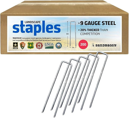 Sandbaggy 6 inch Landscape Sod Staples (9 Gauge Steel) ~ Great for Hard Soil - 20% Thicker Than Competition - Trusted by Farmers & Contractors Across USA (200 Staples)