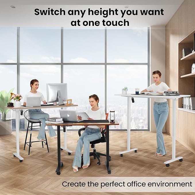 farexon Electric Standing Desk Adjustable Height,63x24 Inches Stand Up Desk, Ergonomically Curved Desktop with Outlet, Lockable Casters,27.''-46'' Lifting Range Home Office Computer Desk(Oak Gray)