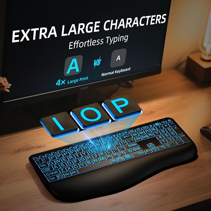 Large Print Backlit Wireless Keyboard – Silent Keyboards with Wrist Rest, 7-Color Light up, Quiet Low Profile Keys, 2.4G Wireless Rechargeable Full Size Keypad for Computer Laptop Windows Mac, Black