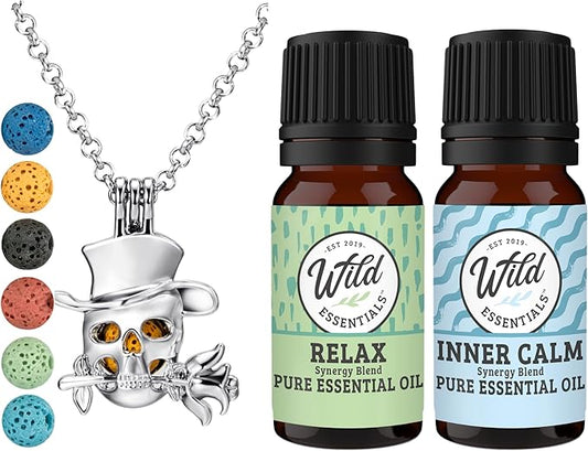 Wild Essentials Top-hat Skull Essential Oil Diffuser Necklace Gift Set with Inner Calm & Relax Oils – Nickel Free Alloy Pendant with 6 Lava Stones – USA Made Oils & Perfume Necklace – Family Company