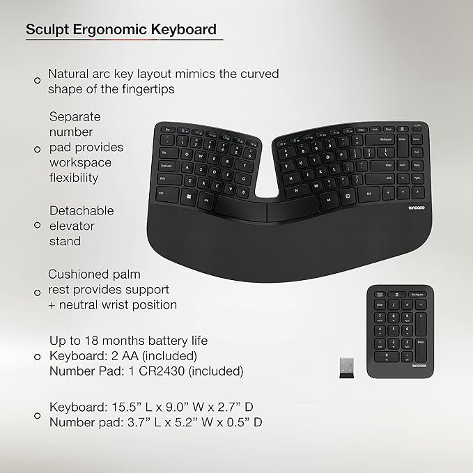 Incase Sculpt Ergonomic Keyboard – Designed by Microsoft – Split Keyset Design, Palm Rest, Contoured Layout, One-Touch Windows Button, AES 128-Bit Encryption, Includes Separate Number Pad – Black
