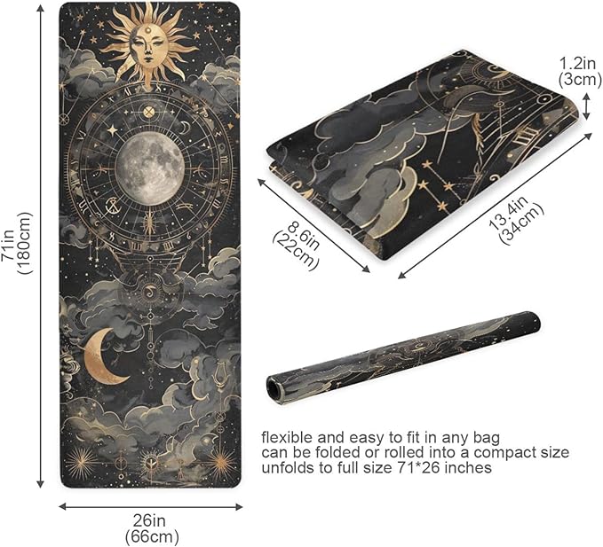 Astrological Pattern Yoga Mat, 71 x 26 Inch Non-slip Yoga Mats Folding Travel Exercise Mat Indoor Outdoor Gym Pilates with Storage Bag for Women Men