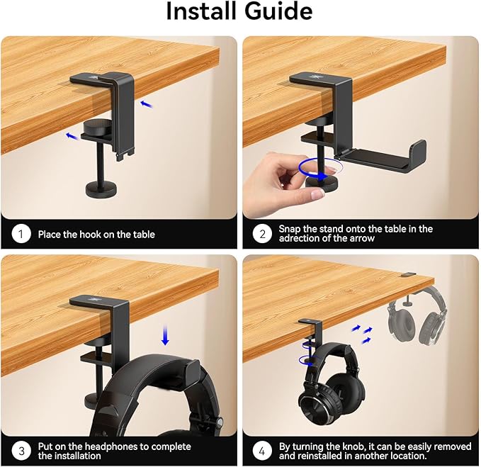 OneOdio MTL99 Foldable Headphone Stand, Metal Headset Holder Space-Saving Table Hook, Clamp-on Under Desk Hanger, Universal Fit Gaming Headphones Mount, Black