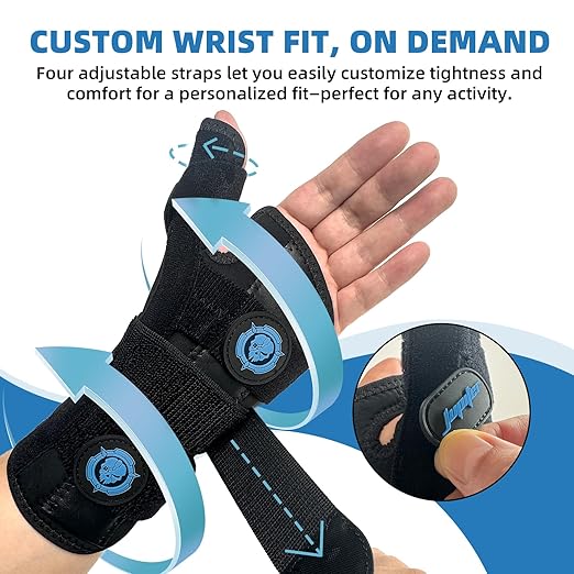 Jupiter Left Hand Wrist Brace with Thumb Support - Day & Night Splint for Carpal Tunnel, De Quervains Tenosynovitis, Tendonitis - S/M - Women & Men,Black-Blue