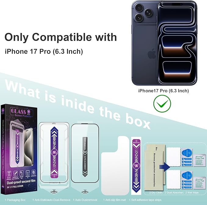 Screen Protector for iPhone 17 Pro 6.3-Inch, 2 Pack, 9H Tempered Glass, HD Clear, Full Cover, Anti-Fingerprint, Easy Installation