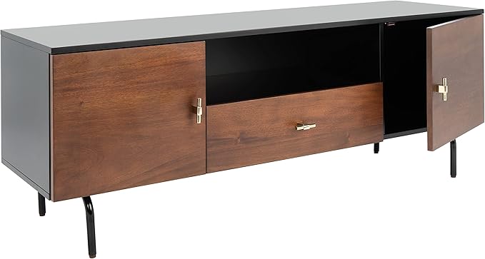 SAFAVIEH Genevieve TV Stand for up to 65" Flatscreen – Black & Walnut Brown Finish, Mid-Century Modern Storage Cabinet, Entertainment Media Console (MED5000F)