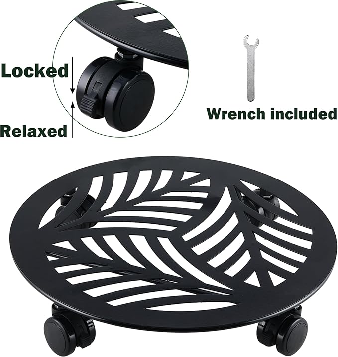1 Packs Large Metal Plant Caddy with PU Wheels 13" Heavy-Duty Wrought Iron Rolling Plant Stands Indoor Outdoor Wheeled Plant Dolly Planter Mover Rollers Plant, Leaf Style