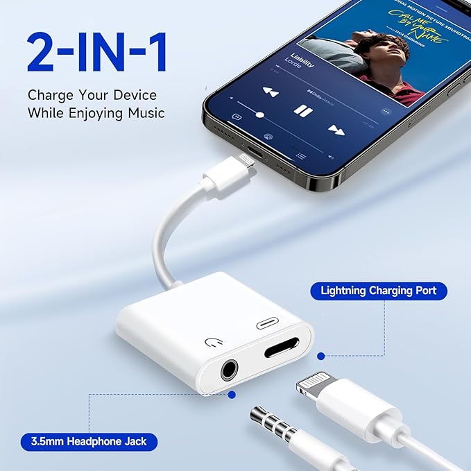 [Apple MFi Certified] 2-in-1 Charging & Audio Adapter for iPhone, Lightning to 3.5mm Headphone Jack Dongle Splitter, Supports Hi-Res Lossless Sound, Compatible with iPhone 14/13/12/11/XS/XR/8/7 10Pack