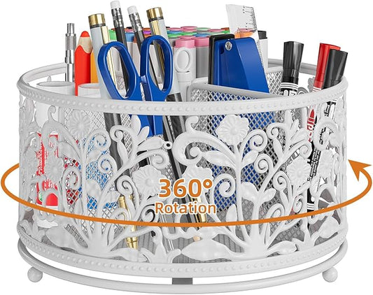 EKNITEY Rotating Mesh Desk Organizer - 4 Slots Cute Pen Pencil Holder Caddy for Office Art Supplies Home School Classroom White