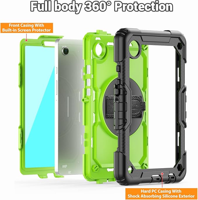 SEYMAC for Samsung Galaxy Tab A9 Case 8.7 Inch 2023 (SM-X110/X115/X117), Heavy Duty Shockproof Protective Case with Screen Protector, Rotating Stand, Hand/Shoulder Strap and Pen Holder, Green