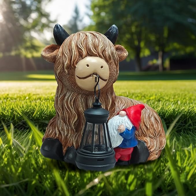 Highland Cow Gnome Solar Statues Decor - Garden Gnomes Statues Highland Cattle Mouth with Lights, Outdoor Ornaments Funny Decoration for Yard, Patio, Unique Gifts Birthday for Women, Mother Day