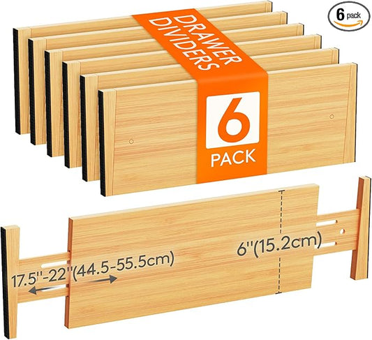 Lifewit 6 Pack 6" Deep Bamboo Drawer Dividers, 17.5-22" Expandable Drawer Organisers for Clothes, Adjustable Dresser Drawer Divider, Clothing Drawers Separators for Dresser, Bedroom, Bathroom, Office