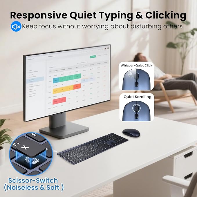 Wireless Keyboard and Mouse Combo,2.4G USB Ultra Slim Quiet Full Size Matte PC Computer Keyboard & Mice,3 DPI,19 Multimedia Key,Lag-Free Ergo,Long Battery Life for Desktop,Laptop,Smart TV,MAC,Windows