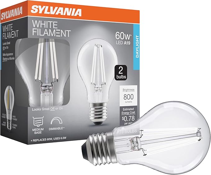 Sylvania A19 Clear LED White Filament Bulb, 6.5W, Dimmable, 800 LMS, Medium Base, 5000K, Daylight - 2 Pack (42171)