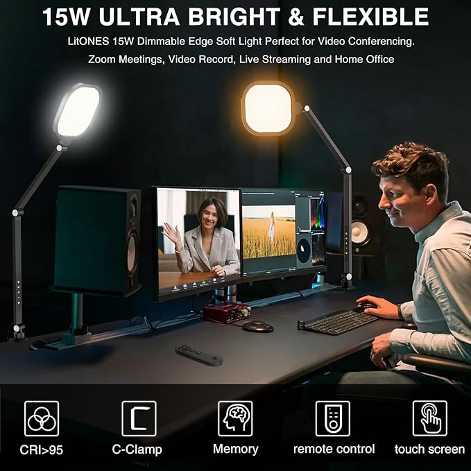 Video Conference Lighting for Computer, Dimmable Light for Video Recording, Meeting, Laptop & Webcam, 15W Ring Light for Desk with C- Clamp, Swing Arm, Remote, Memory & Timer CRI >95