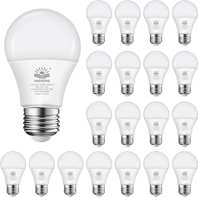 A19 LED Light Bulb, 100 Watt Equivalent LED Bulbs, 3000K Warm White, 1500 Lumens, Standard E26 Base, Non-Dimmable, 15W Super Bright Light Bulbs for Home, Office Lamp, ETL Listed(20-Pack)