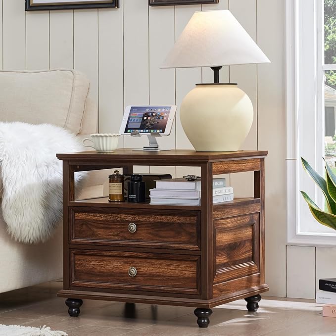 24" Wide Farmhouse Night Stand,Large End Table with 2 Drawers & Metal Handle,Wood Dresser for Bedroom, Brown Bed Side Table Chest of Drawers Cabinet,Nightstand for Living Room,Closet