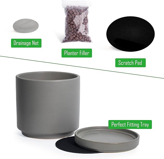 Set of 2 Plants Pots, 8 Inch Ceramic Planter Pot for Plants with Drainage Hole and Saucer, Speckled Grey, 94-V-D-3