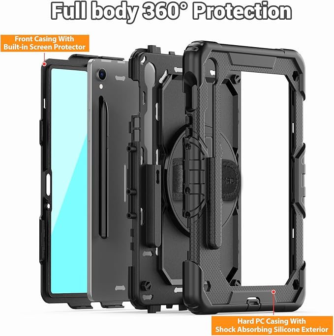 SEYMAC Case for Samsung Galaxy Tab S10 Lite/ S10 FE/ S9 FE/ S9 5G (10.9''/11''), Heavy Duty Shockproof Protective Case with Screen Protector, Rotating Stand, Hand Strap and Pen Holder, Black