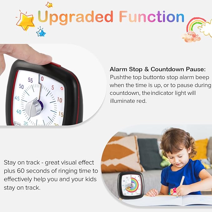Secura 60-Minute Visual Timer, Silent Study Timer for Kids and Adults, Time Clocks, Time Management Countdown Timer for Teaching (Black & Star)