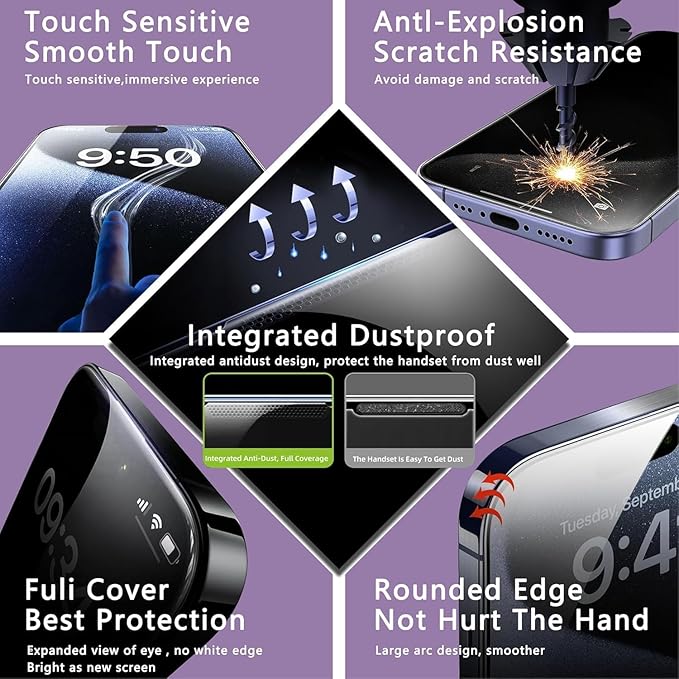 Privacy Screen Protector for iPhone 17 Pro Max 6.9-Inch, Auto Dust Removal, 9H Tempered Glass, Full Cover, Anti-Fingerprint, Easy Installation,2 Pack