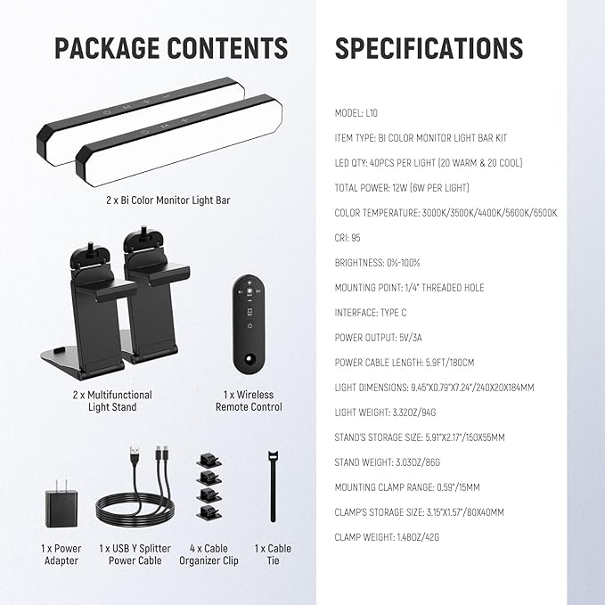 NEEWER Basics 12W Dual Monitor Light Bar with Stands, LED Desk Lamp for Home Office Video Conference Lighting Computer Laptop Webcam Zoom Streaming, Bi Color, Remote/Touch Control Dimmable, L10