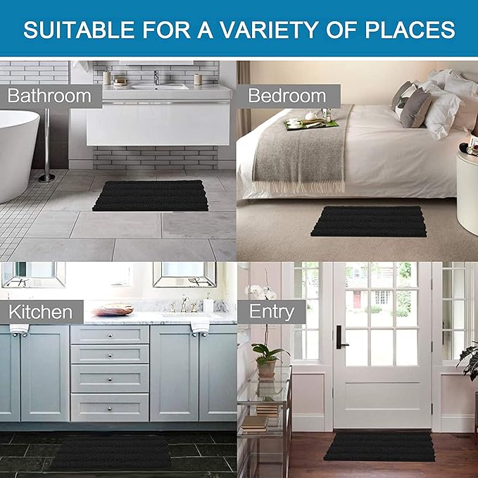 H.VERSAILTEX Bathroom Rugs Bath Rugs Non Slip Bath Mats Extra Thick Chenille Striped Rug 17" x 24" Absorbent Soft Shaggy Washable Dry Fast Bath Mats for Bathroom Floor - Black