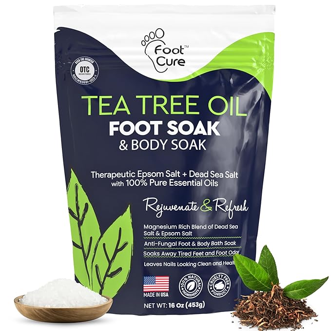 Tea Tree Oil Foot Soak with Epsom Salt - For Toenail Repair, Athletes Foot, Softens Calluses, Soothes Sore & Tired Feet, Nail Discoloration, odor Scent, Spa Pedicure Care - Made in USA 16 oz